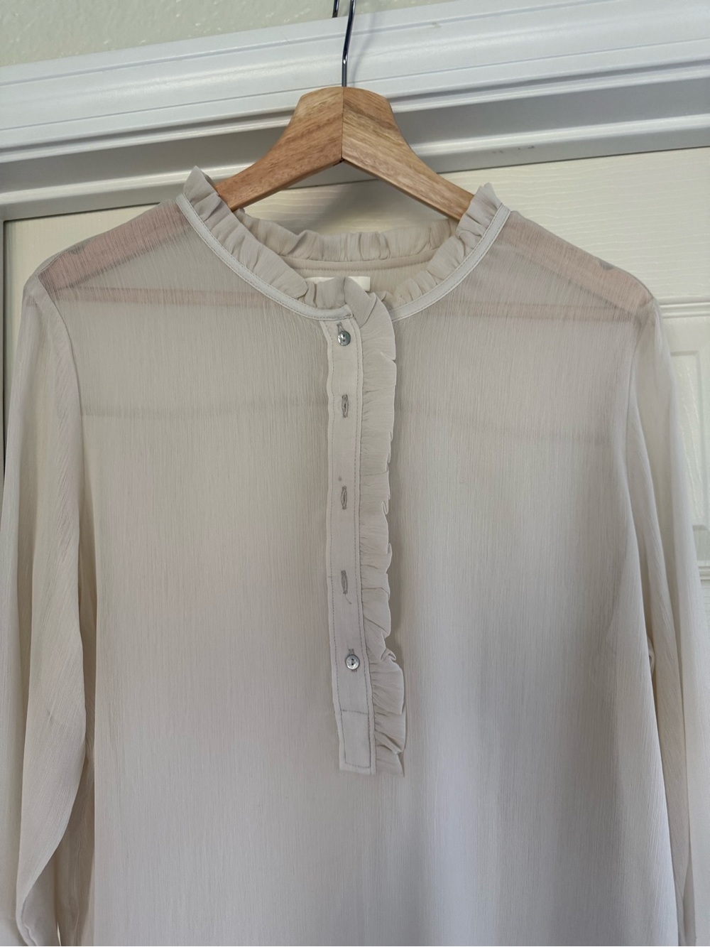 H&M Sheer Ivory Ruffle-Neck Button Blouse - Picture 2 of 5